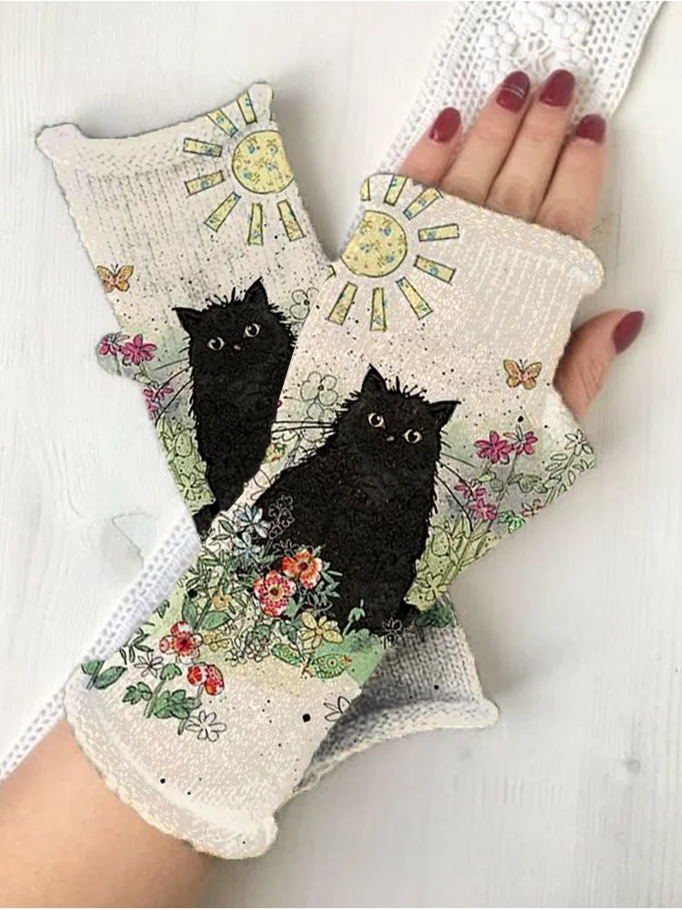 （Ship within 24 hours）Retro Animal printing knit fingerless gloves