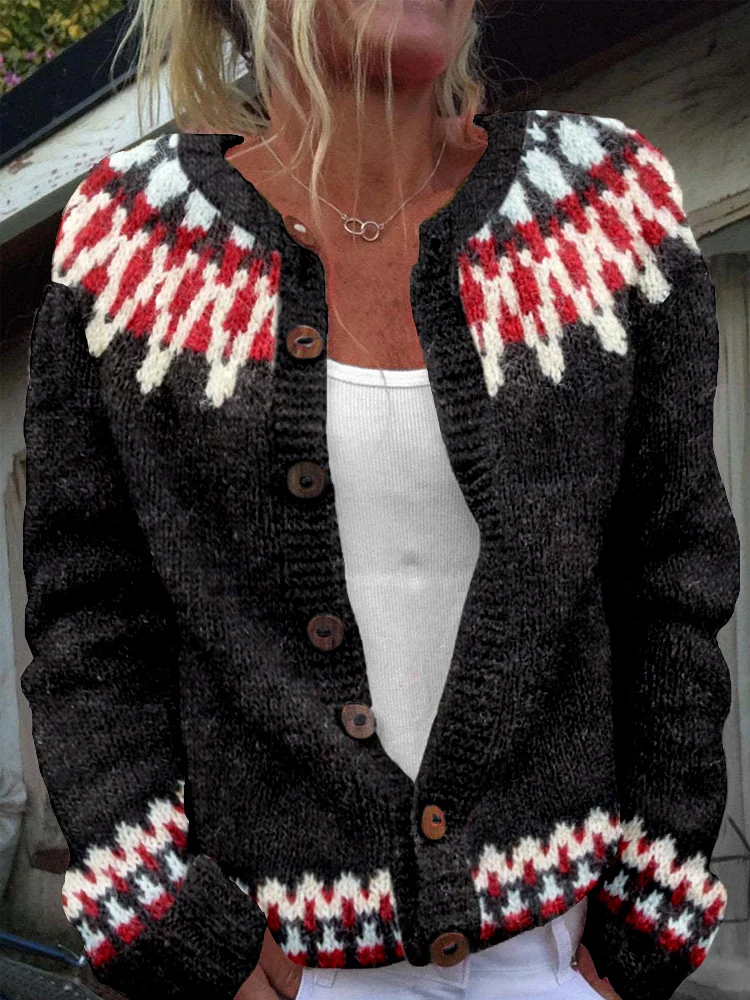 Vintage Icelandic Pattern Cozy Knit Cardigan