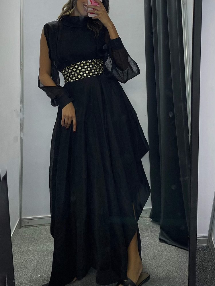 Elegant Black Waist Geometric Print Irregular Hem Dress
