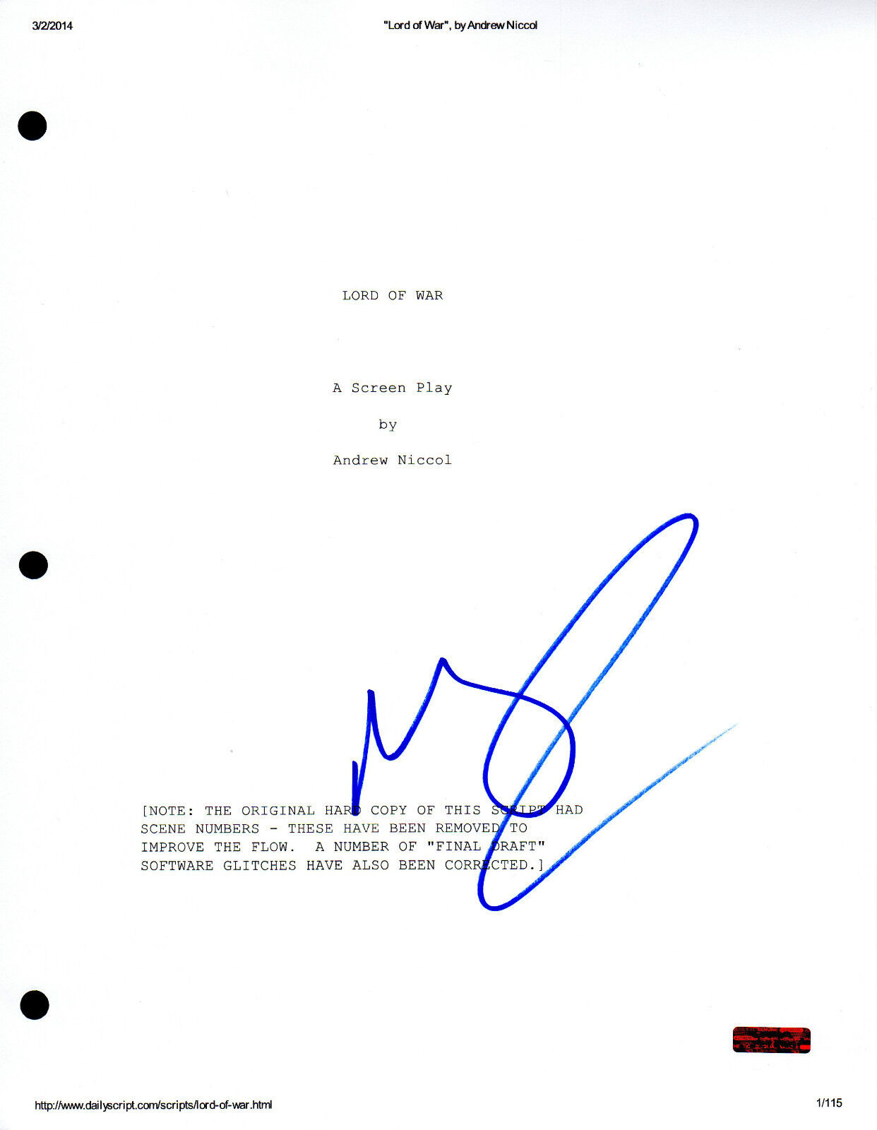 GFA Lord of War * NICOLAS CAGE * Signed Full Movie Script AD1 PROOF COA