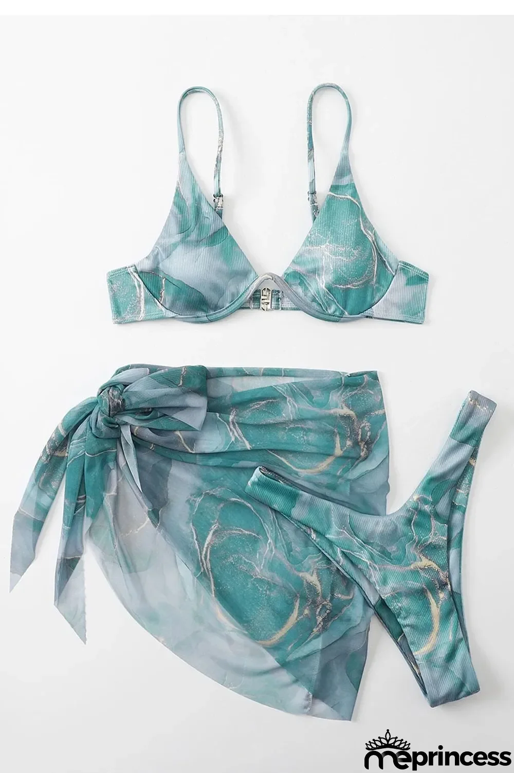 Ink Green Sexy Print Bandage Patchwork Asymmetrical 3 Piece Sets