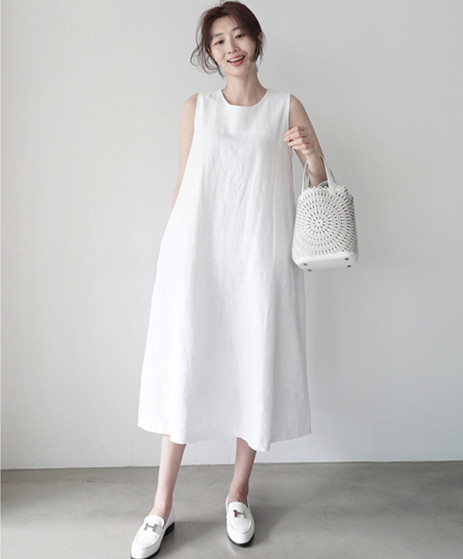 Vintage Cotton Linen Loose O-Neck Korean Long Midi Dreess