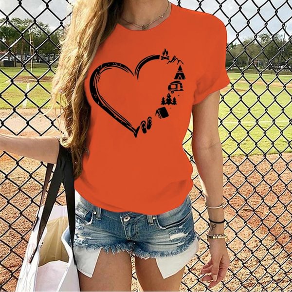 Camping Heart Print T-shrits For Women Summer Short Sleeve Round Neck Cute Loose T-shirt Creative Personalized Tops - Shop Trendy Women's Clothing | LoverChic
