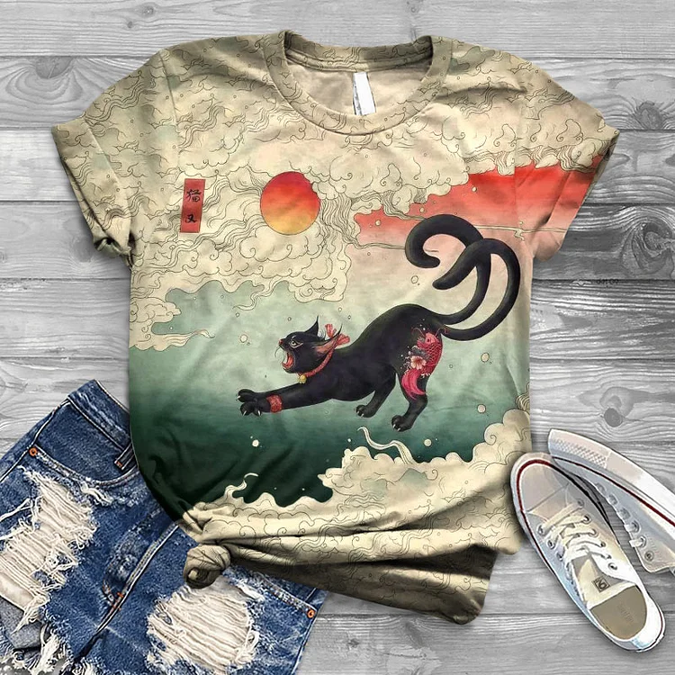 Retro Japanese Style Ancient Cat Demon Print T-shirt