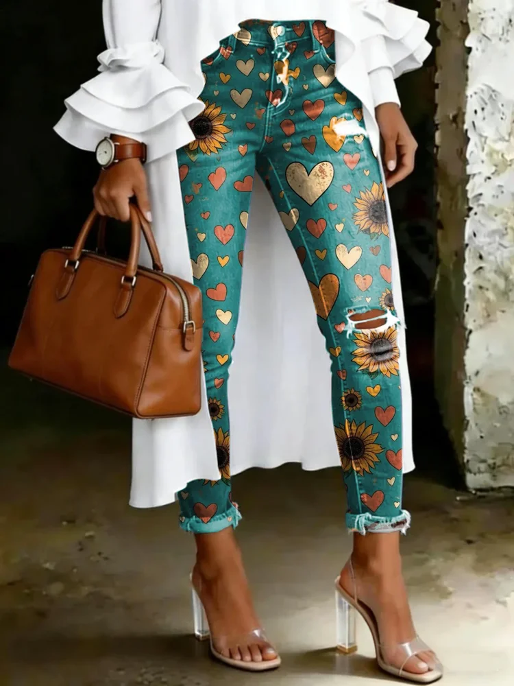 Women's Vintage Multicolor Love Floral Totem Print Casual High-waisted Ripped Skinny Jeans