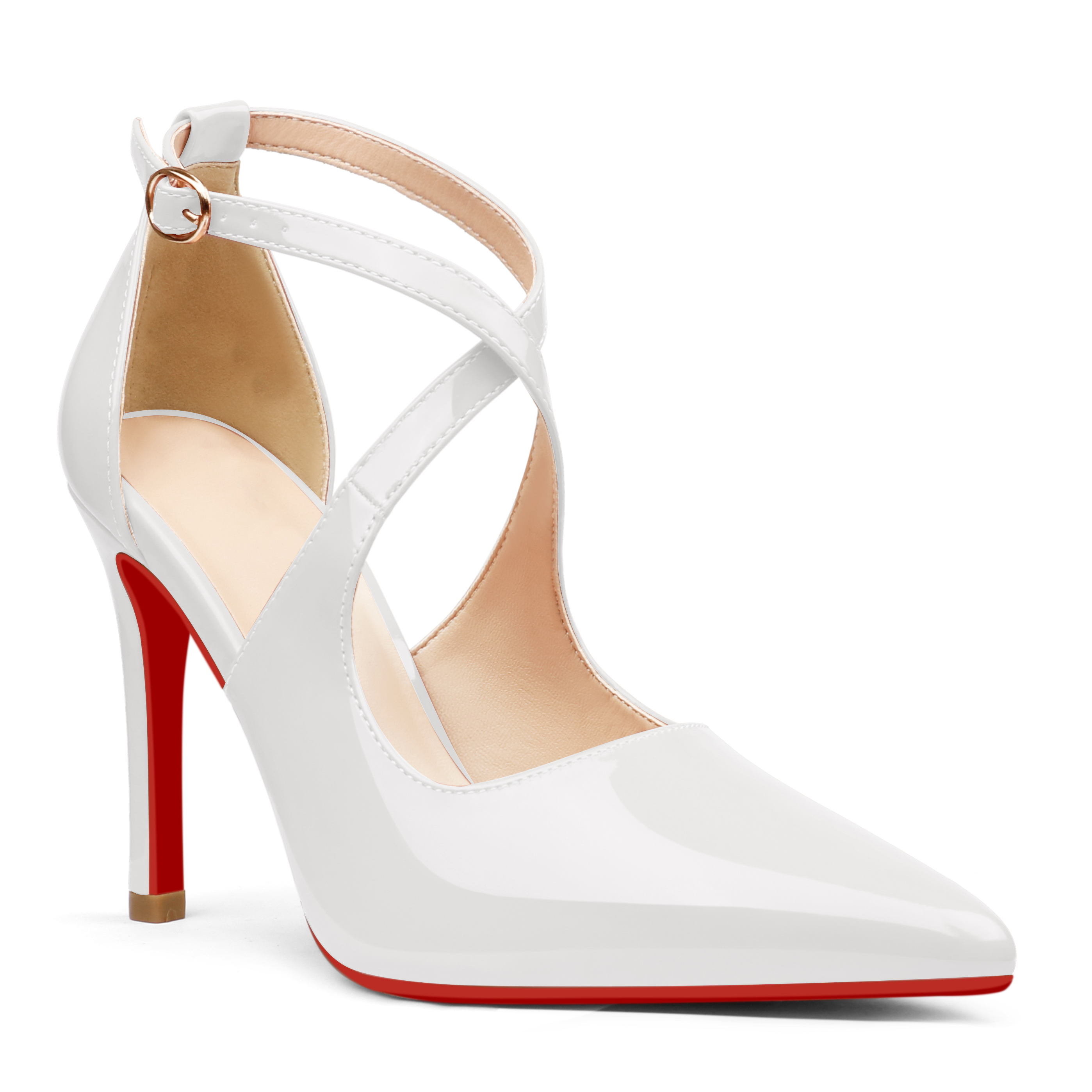 95mm Women's Pointed Toe Cross Strap Heels Ankle Strap Sandals Red Bottoms Pumps Shoes-MERUMOTE