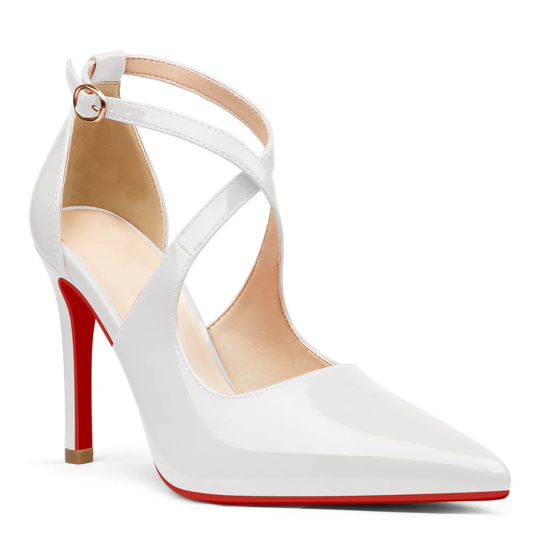 95mm Women's Pointed Toe Cross Strap Heels Ankle Strap Sandals Red Bottoms Pumps Shoes-MERUMOTE