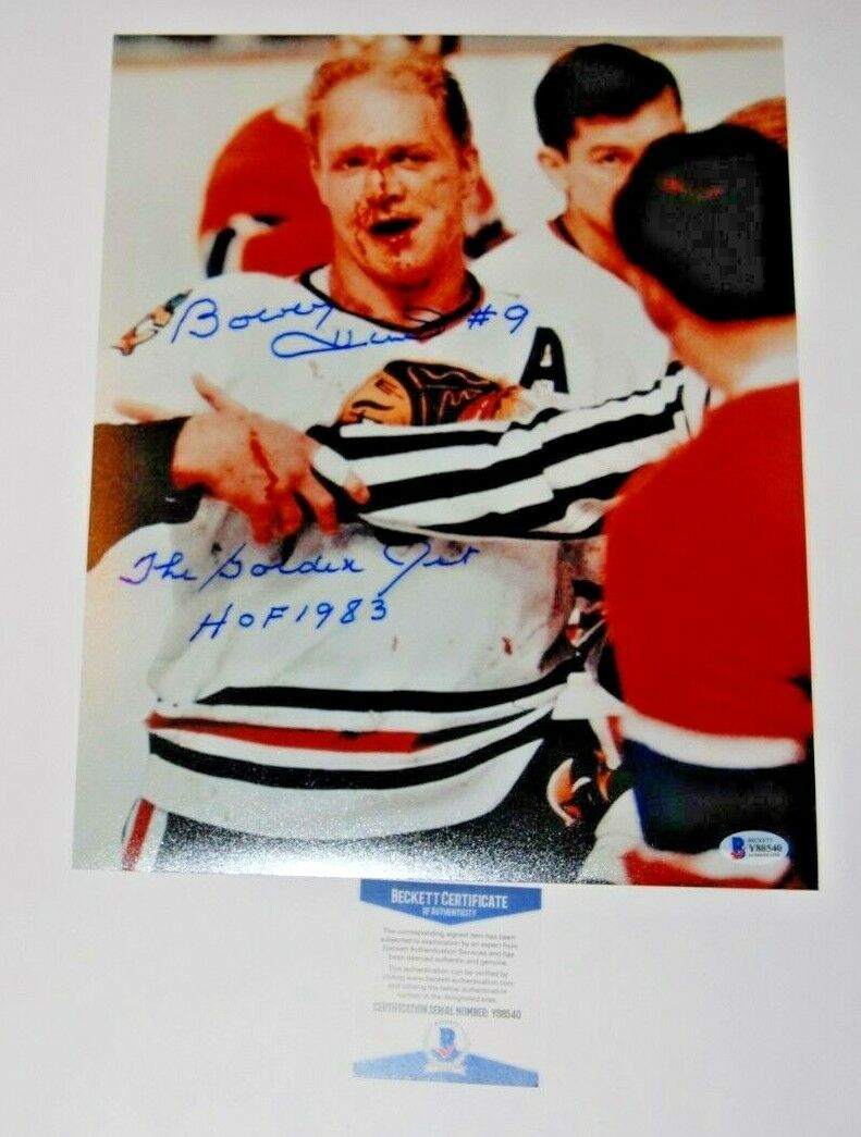 BOBBY HULL signed (CHICAGO BLACKHAWKS) Bloody Hockey 11X14 Photo Poster painting BECKETT BAS #1