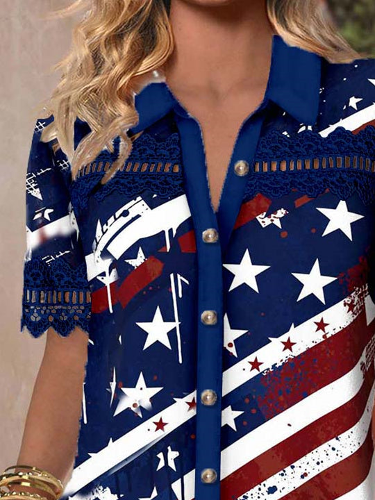 Women Short Sleeve V-neck Striped Star Printed Graphic Lace Hollow Stitching Button Tops