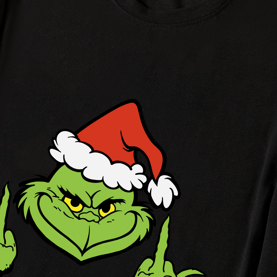 Christmas Cartoon Pattern Print Black Long Sleeve Top with Red & White & Green Plaid Family Matching Pajamas