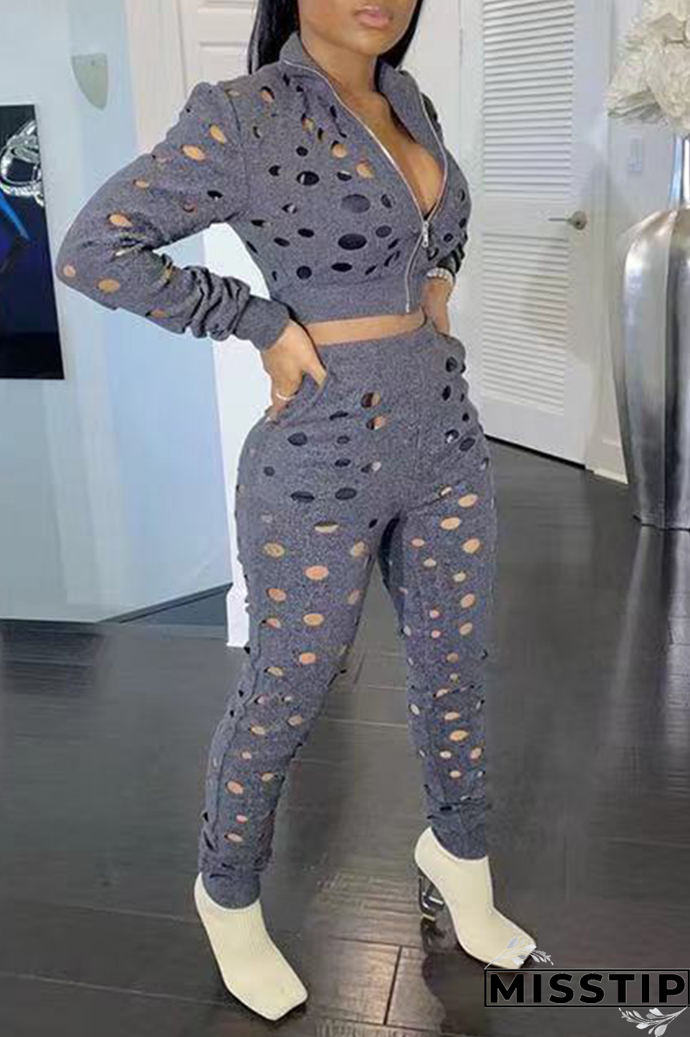 Grey Sexy Solid Ripped Turndown Collar Long Sleeve Two Pieces