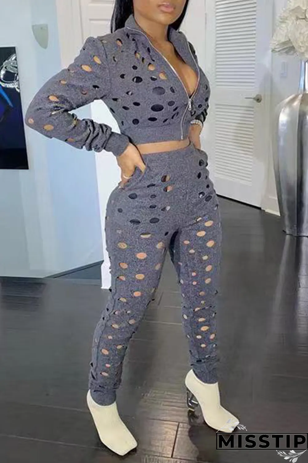 Grey Sexy Solid Ripped Turndown Collar Long Sleeve Two Pieces