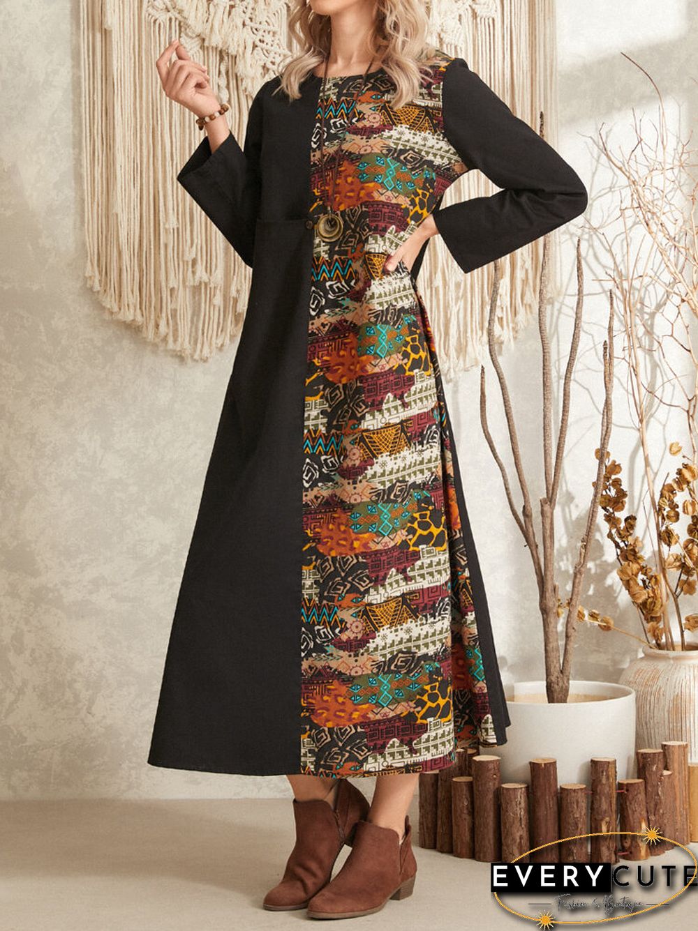 Tribal Pattern Long Sleeve O-neck Pocket Maxi Dress