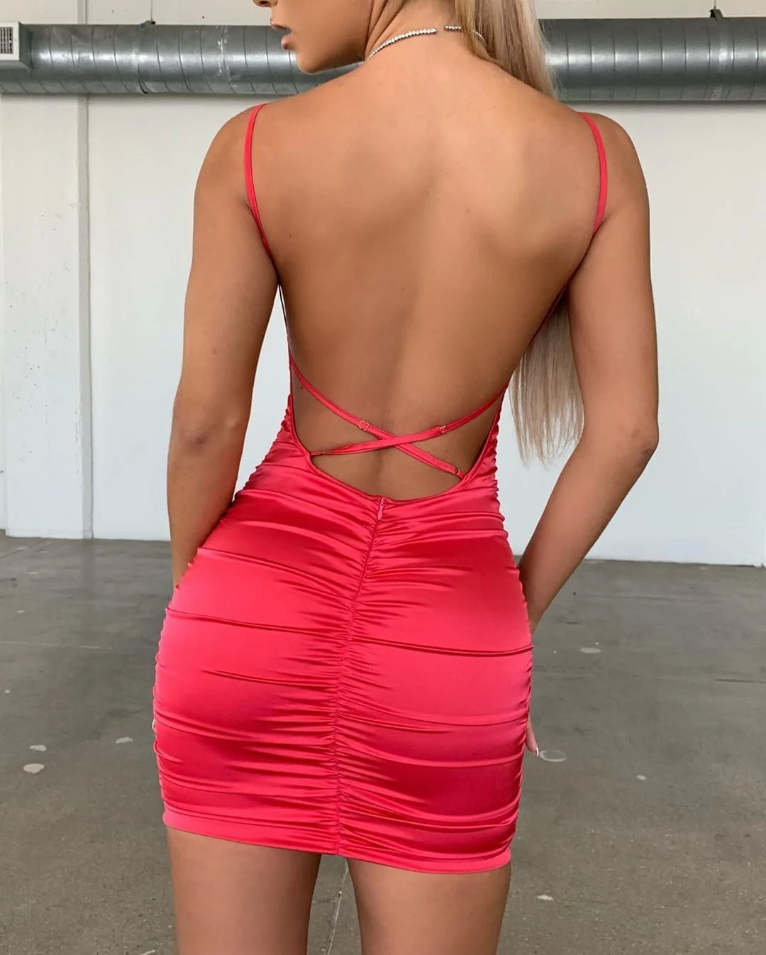 Spaghetti Strap Mini Satin Dress Women Sexy Backless Cross Bandage Bodycon Party Dress Pleated Stretch Short Suit Club Dress