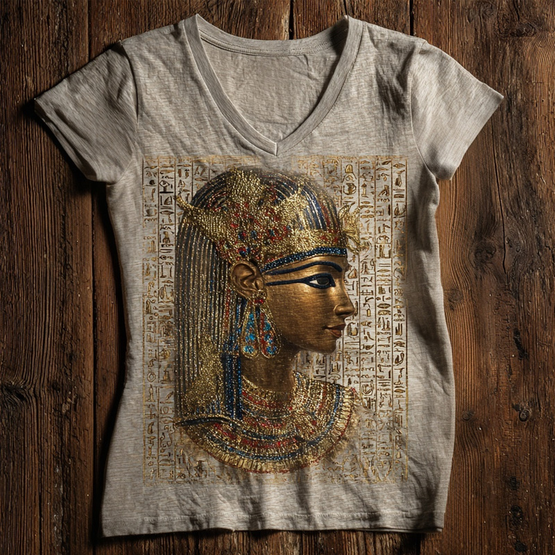 Comstylish Ancient Egyptian Hieroglyphics & Goddess Isis Pattern V Neck T Shirt