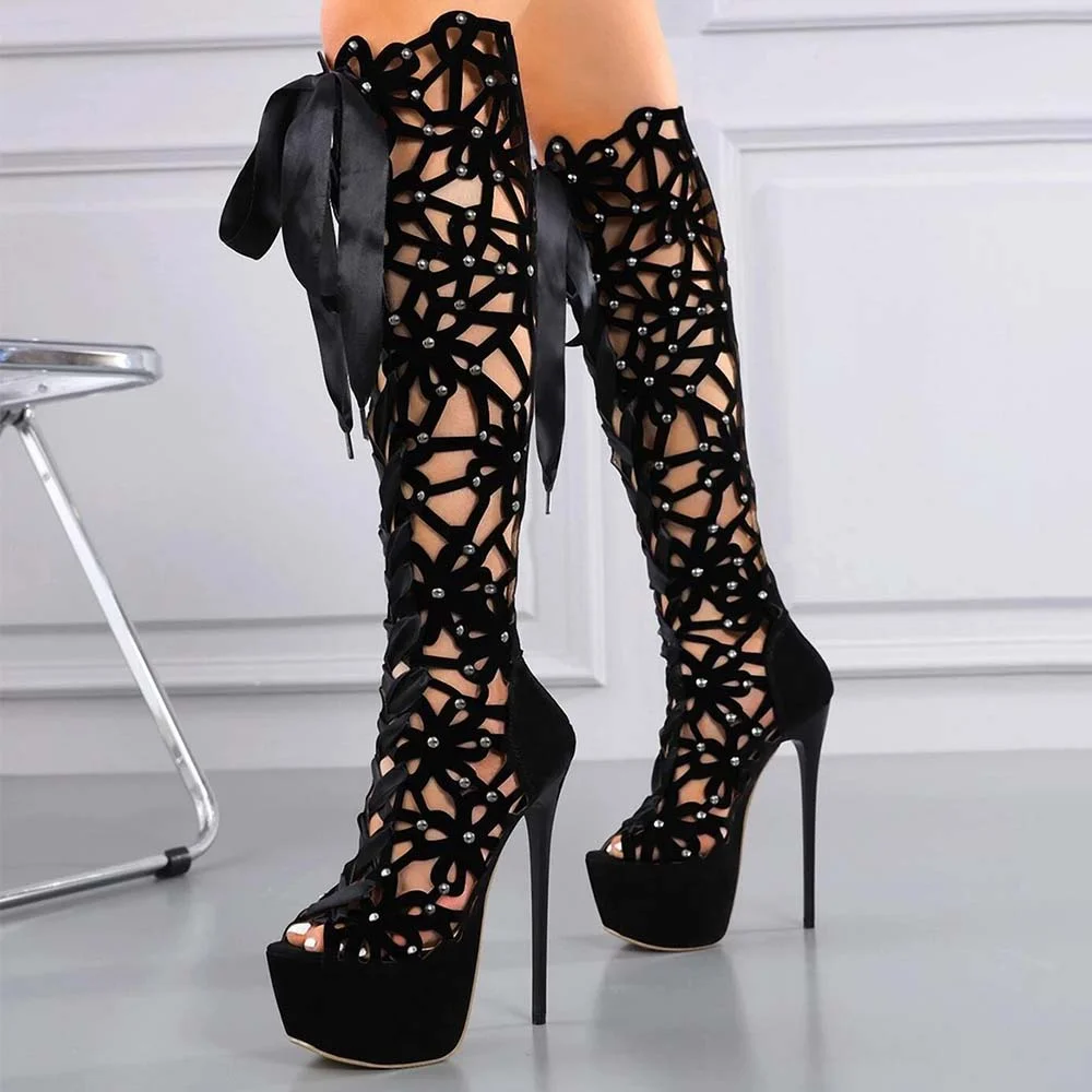 Black Sexy Platform Knee Boots Open Toe Stiletto Party Boots