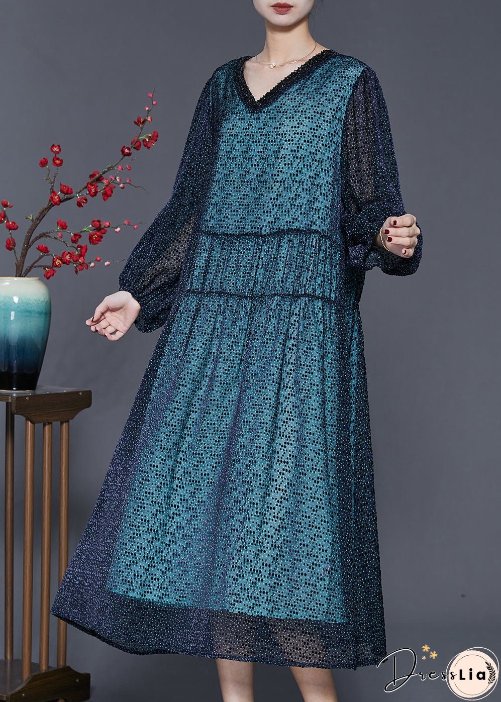 Handmade Blue V Neck Print Silk Maxi Dresses Spring