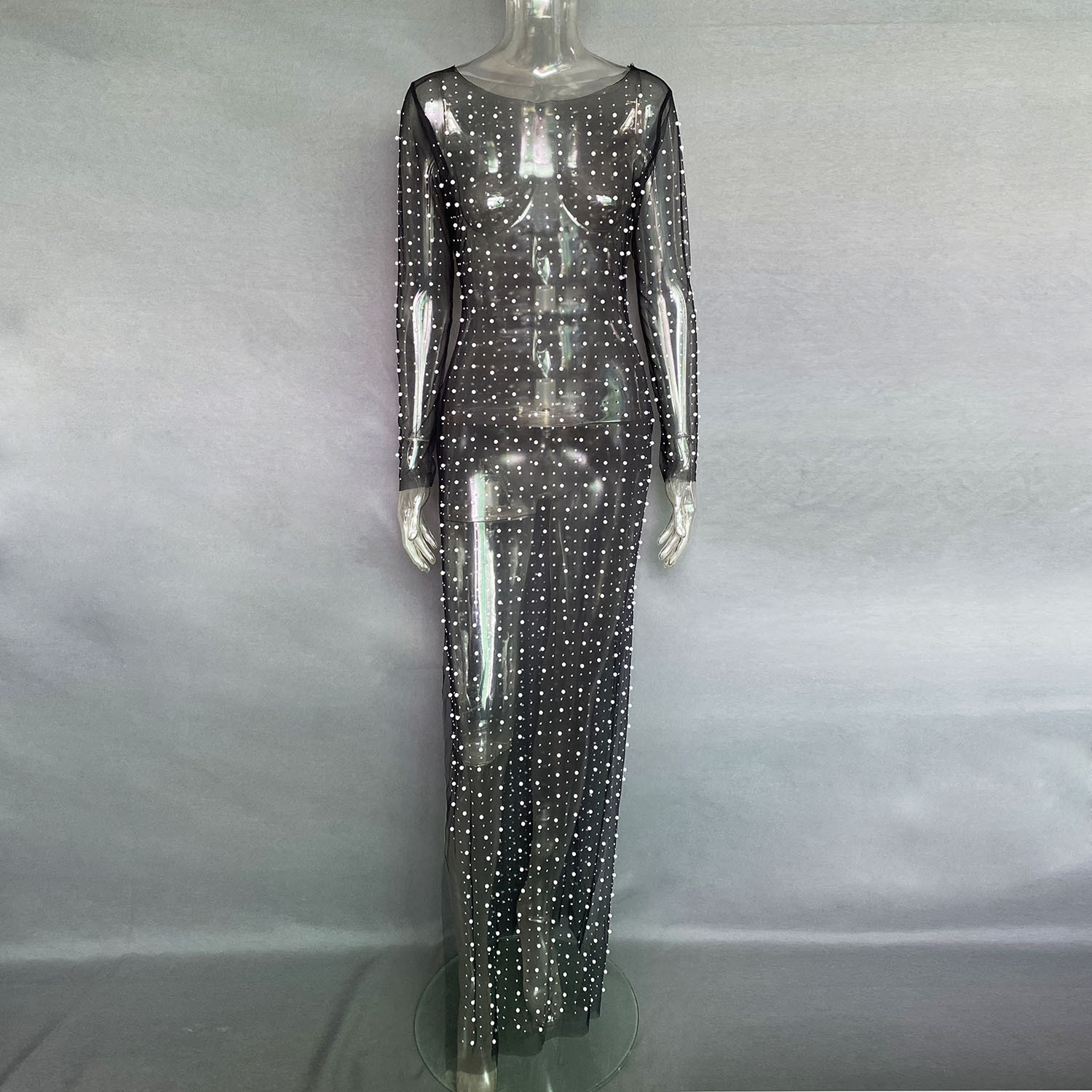 Ootddress Pearls See-Through Long Sleeve Cover-Ups Holiday Beach Diamond Decoration Women Beach dress Elegant Split Solid Cover-Ups
