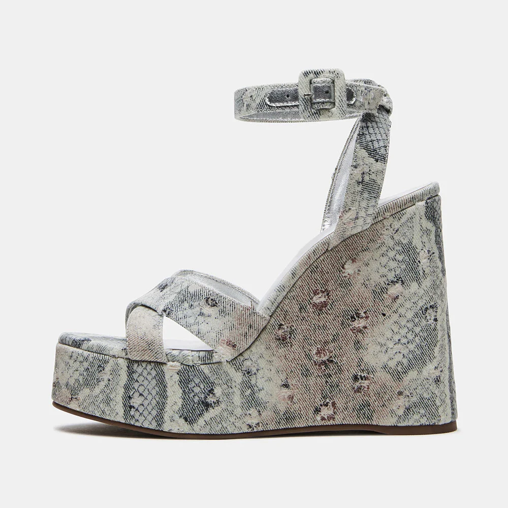 YDN Grey Python Print Open Toe Platform Wedge Sandals for Women