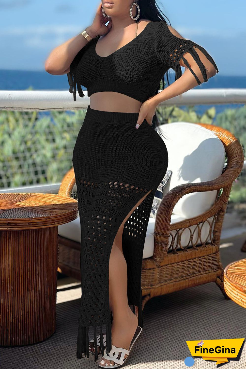 Black Sexy Solid Tassel Slit V Neck Short Sleeve Two Pieces