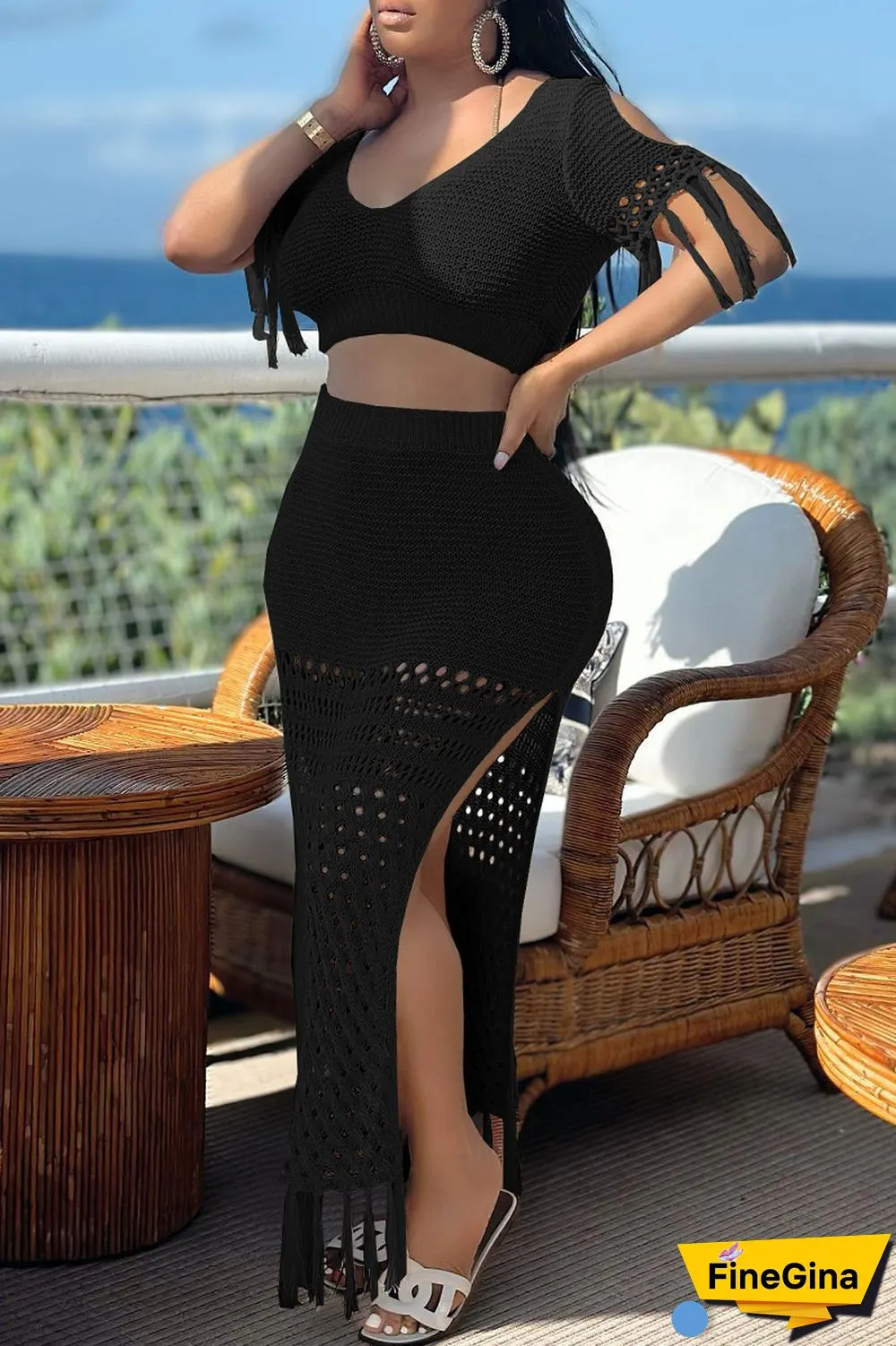 Black Sexy Solid Tassel Slit V Neck Short Sleeve Two Pieces