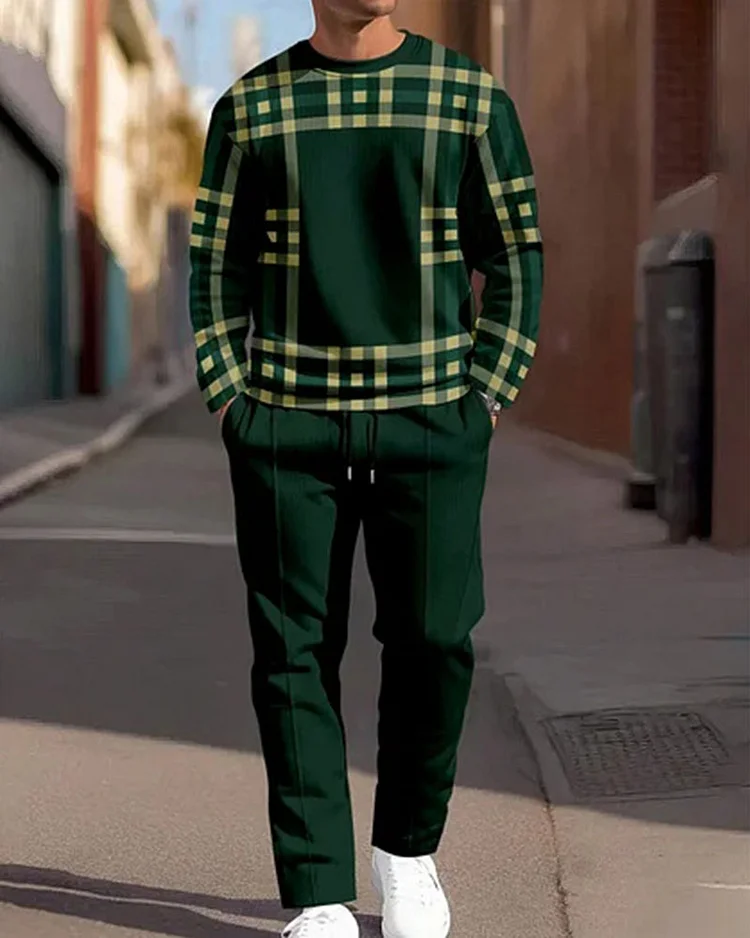 Men's Simple Green Plaid Print Crewneck Sweatshirt Two-piece Set
