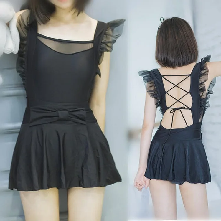 M-2XL Black Angel Wings One-Piece Swimsuit SP166892
