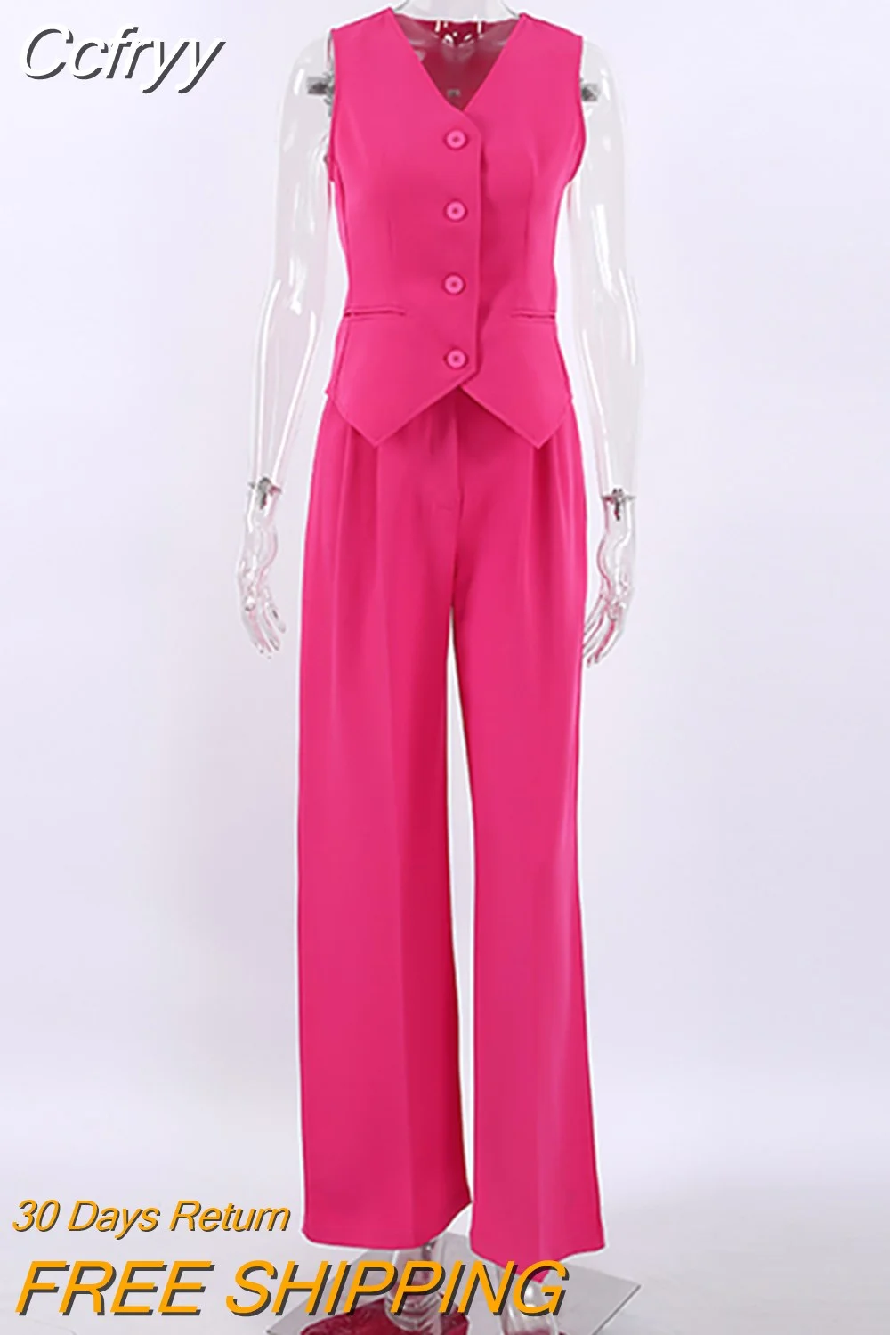 Huibahe Pink Elegant Blazer 2 Pieces Sets High Waist Wide Leg Pants Suits Button Vest Outfit Office Ladies Women Summer 2023