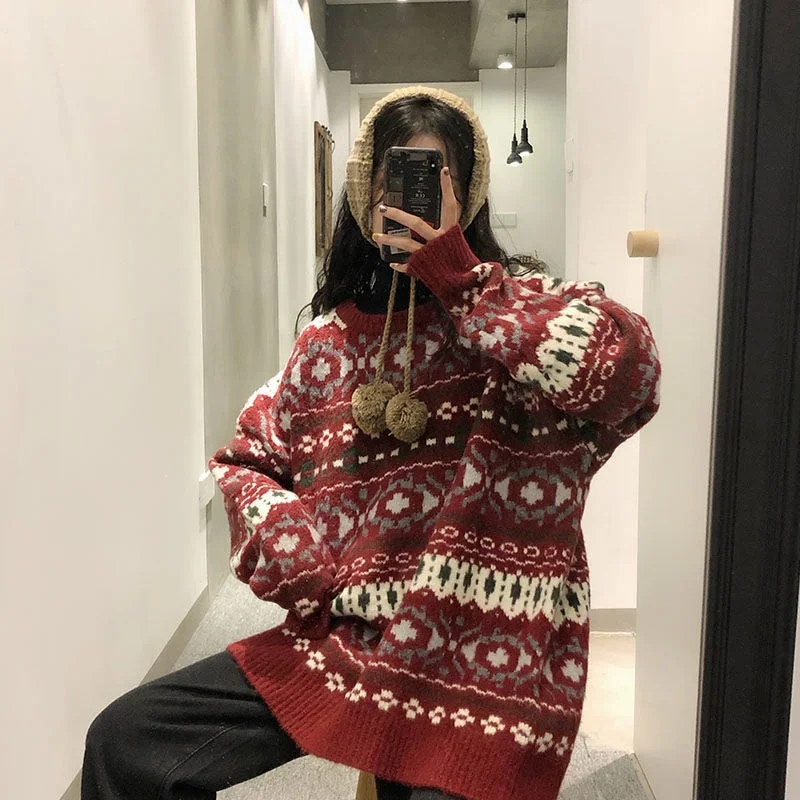 Winter Red Christmas Knitted Sweater Stripe Kawaii Clothes Pullovers Women Clothing Casual Cute Tops Long Sleeve Knit