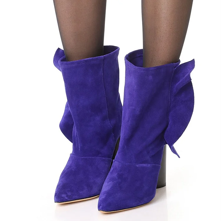 Purple Vegan Suede Pointy Toe Block Heels Ankle Boots with Ruffle |FSJ Shoes