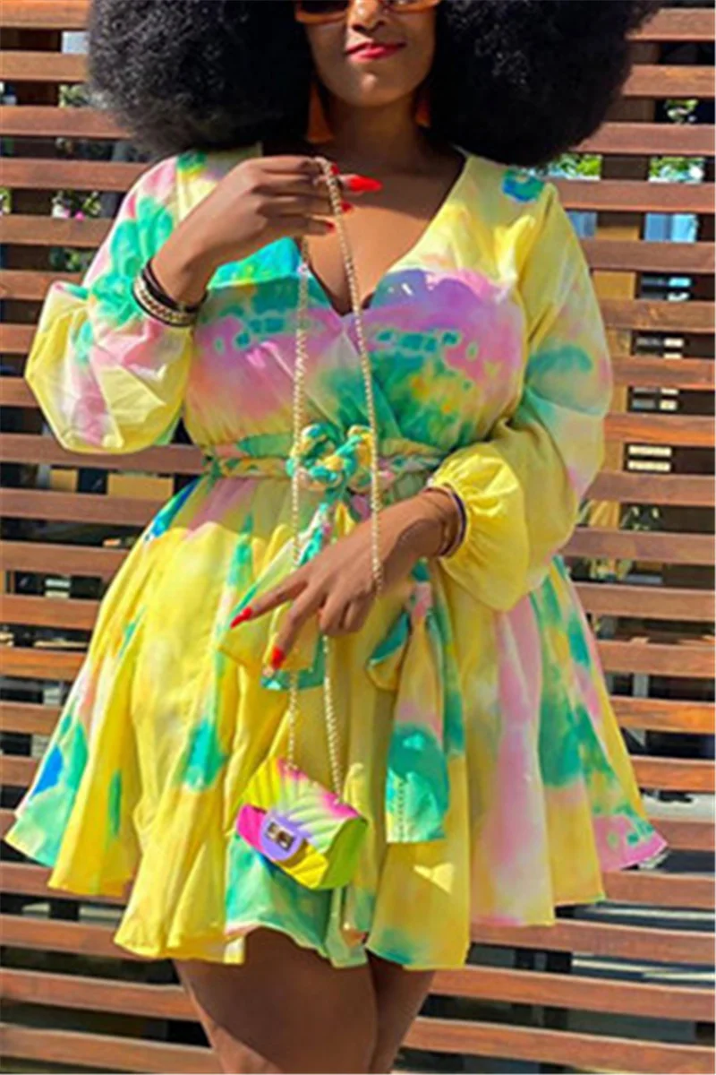 Yellow Sexy Print With Belt V Neck A Line Plus Size | EGEMISS