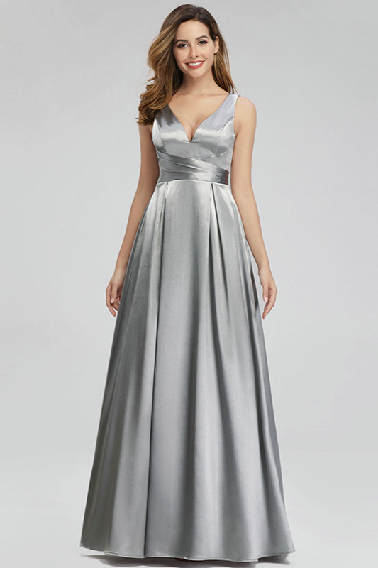 Silver Grey Sleeveless Long Satin Evening Prom Dress Online