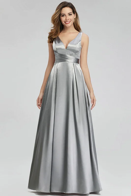 Bellasprom Silver Grey Long Satin Evening Prom Dress Online Sleeveless