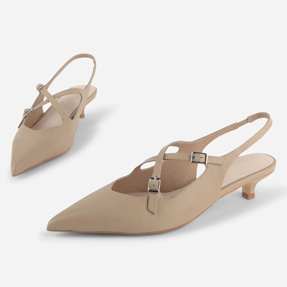 Nude Kitten Heel Crisscross Buckle Strap Classy Slingback Shoes Nicepairs