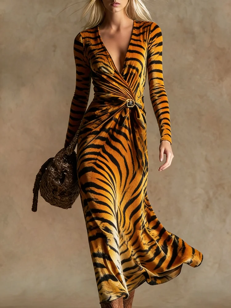 Women's fashion animal print V-neck velvet maxi dress