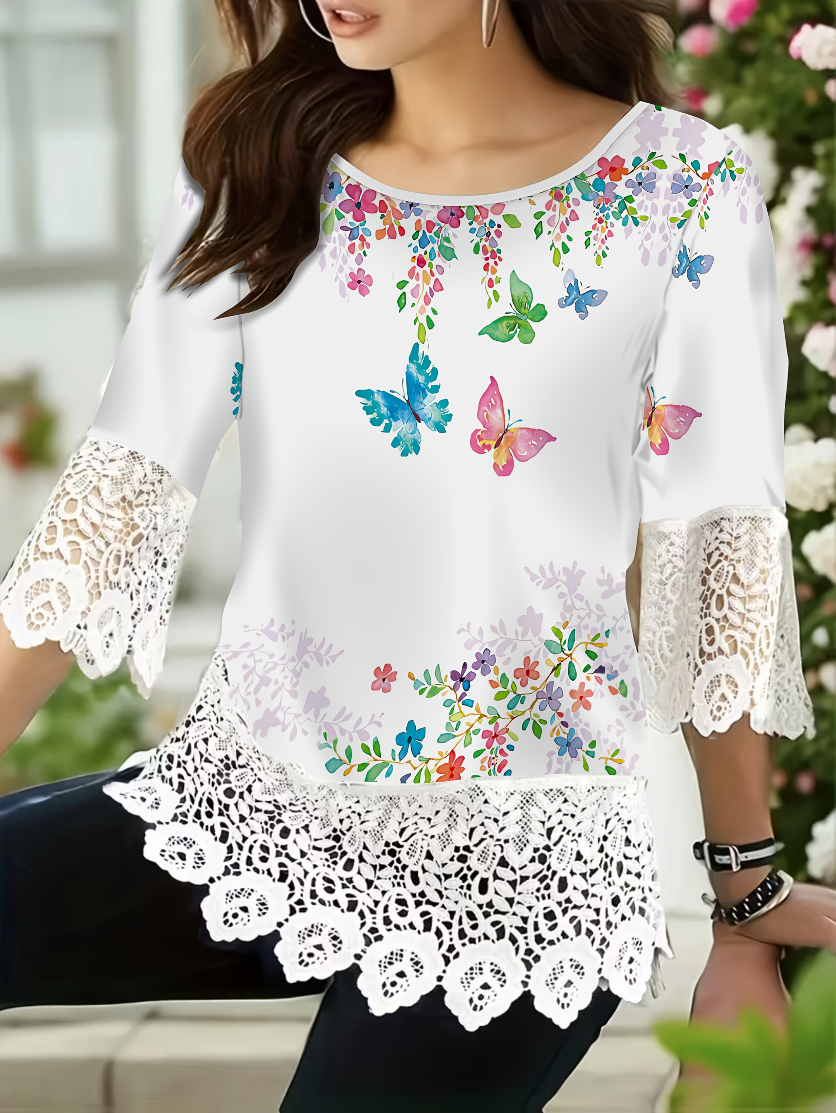 Elegant Women's Butterfly Print Lace Trim Top - Short Sleeve Crew Neck Blouse With Floral & Butterfly Design, White Polyester Fabric For Casual Or Stylish Outfits, Butterfly Decoration | IFYHOME
