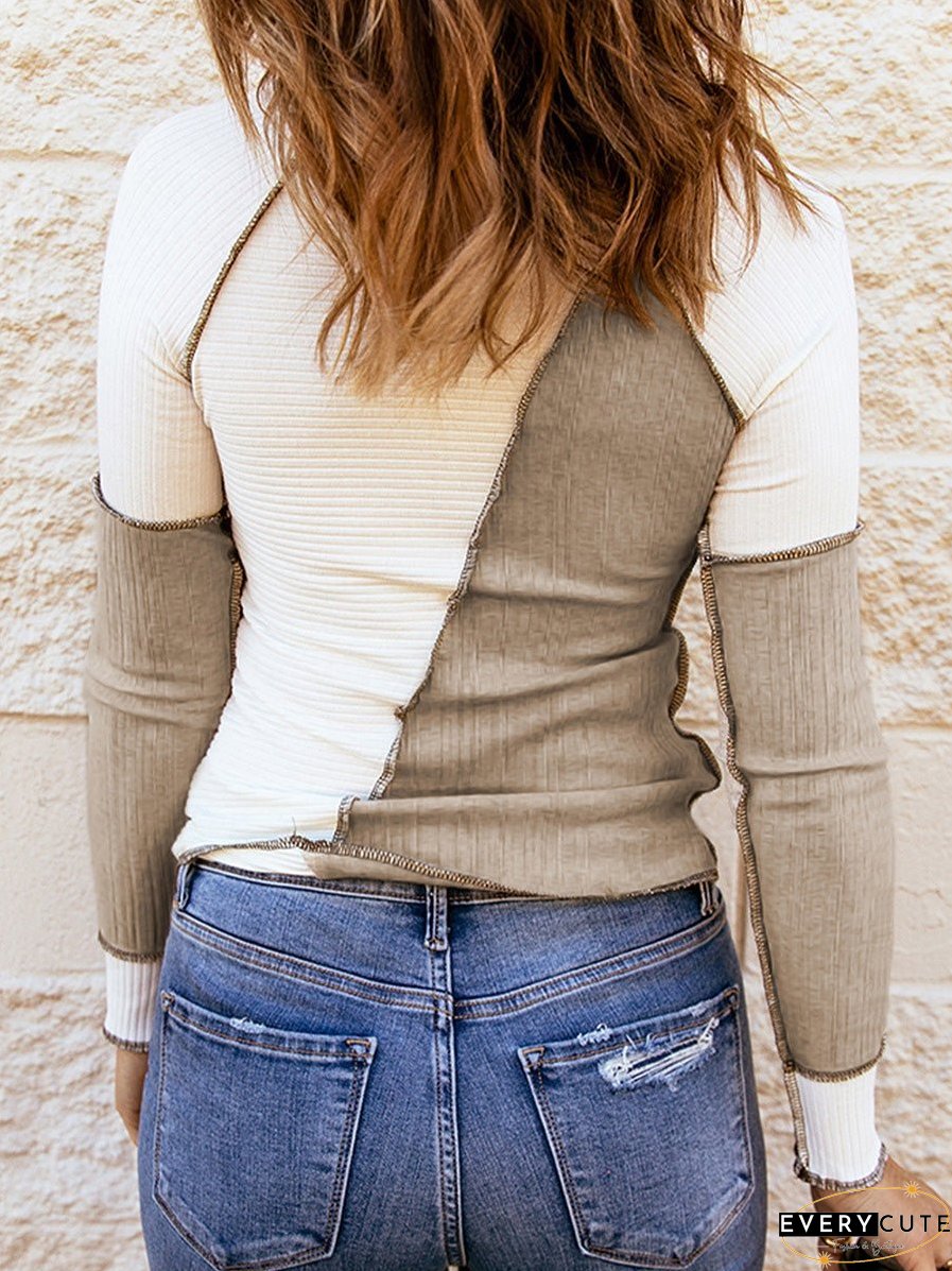 Women's T-Shirts Contrast Slim Knit Long Sleeve T-Shirt