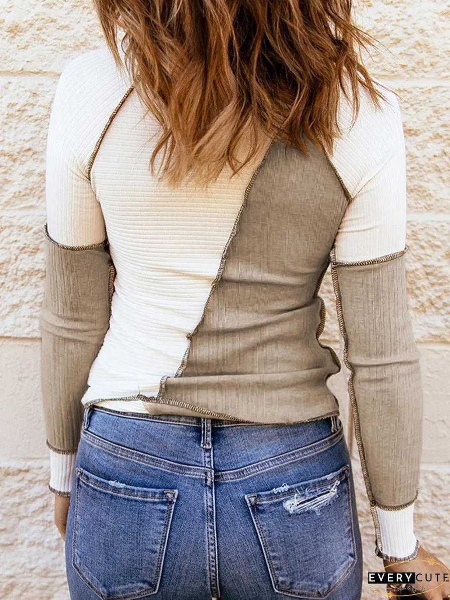 Women's T-Shirts Contrast Slim Knit Long Sleeve T-Shirt