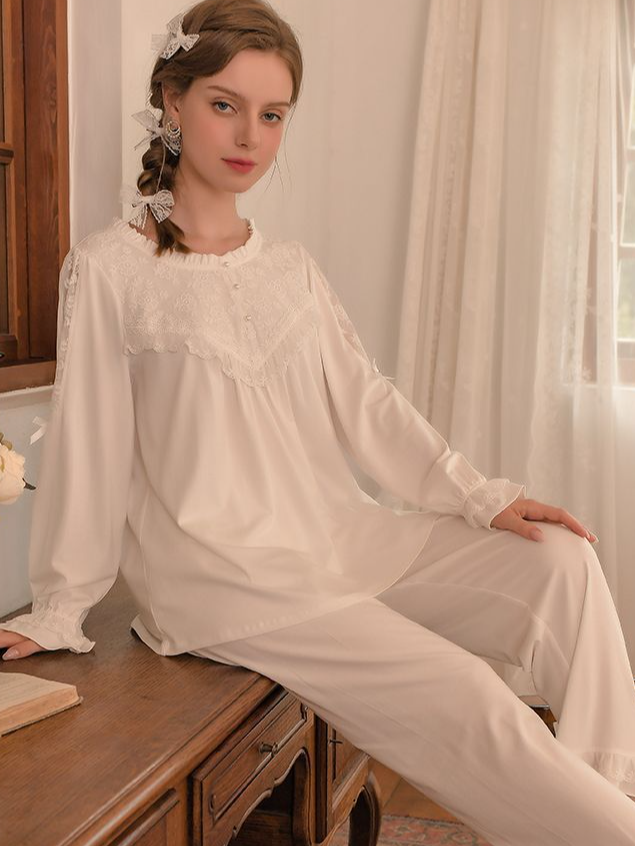 Tencel Fiber Plain Crew Neck Vintage Long Sleeve Pajama Set
