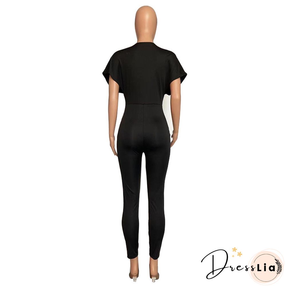V Neck Short Sleeve High Waist Skinny Jumpsuits