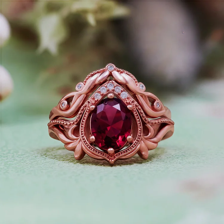 Olivenorma 2Pcs Garnet Opal Zircon Vintage Carved Ring