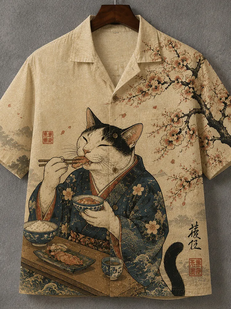 Men's Vintage Ukiyoe Cat Eating Sushi Pattern Button-down Shirt  artssus