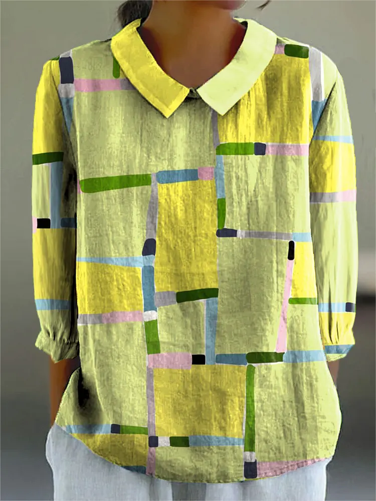 Women's Fashion Color Block Art Print Casual Cotton And Linen 3/4 Sleeve Shirt