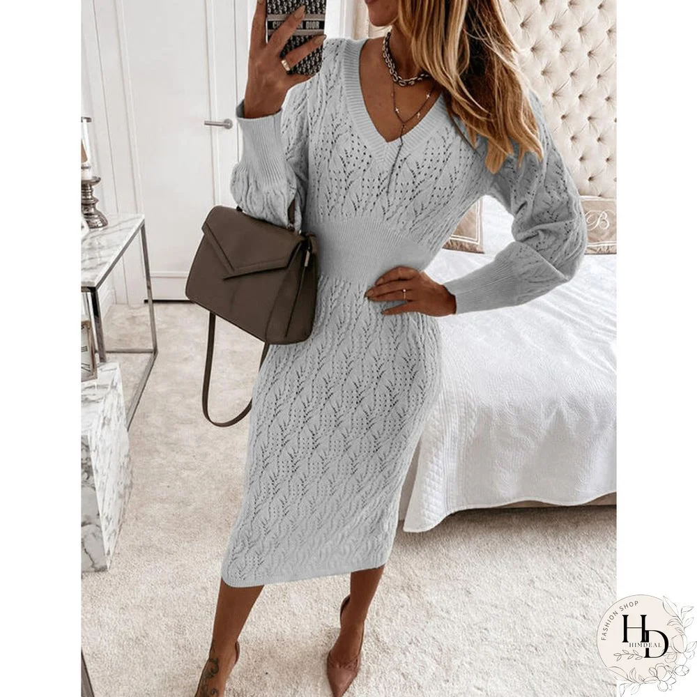 Casual Long Sleeve V Neck Knit Sweater Dress