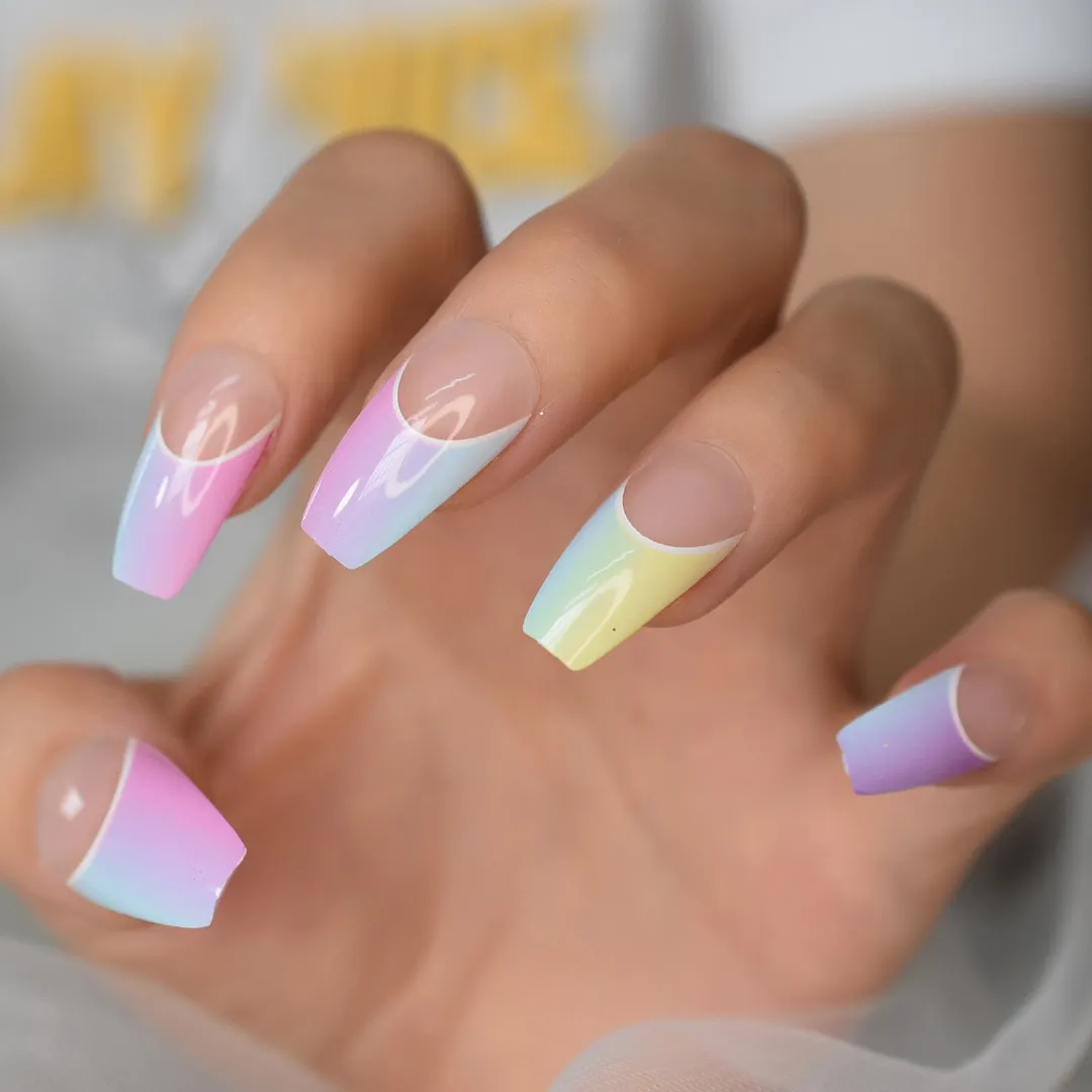 24pcs Coffin Press On Nails Medium Glossy Rainbow Color Ballerina Fake Nails Set Clear Nude False Ongles-Nail Inspo