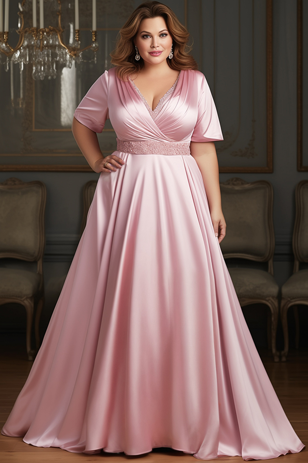 Flycurvy Plus Size Wedding Guest Pink Satin Wrap Flutter Sleeve Empire Waist Maxi Dress