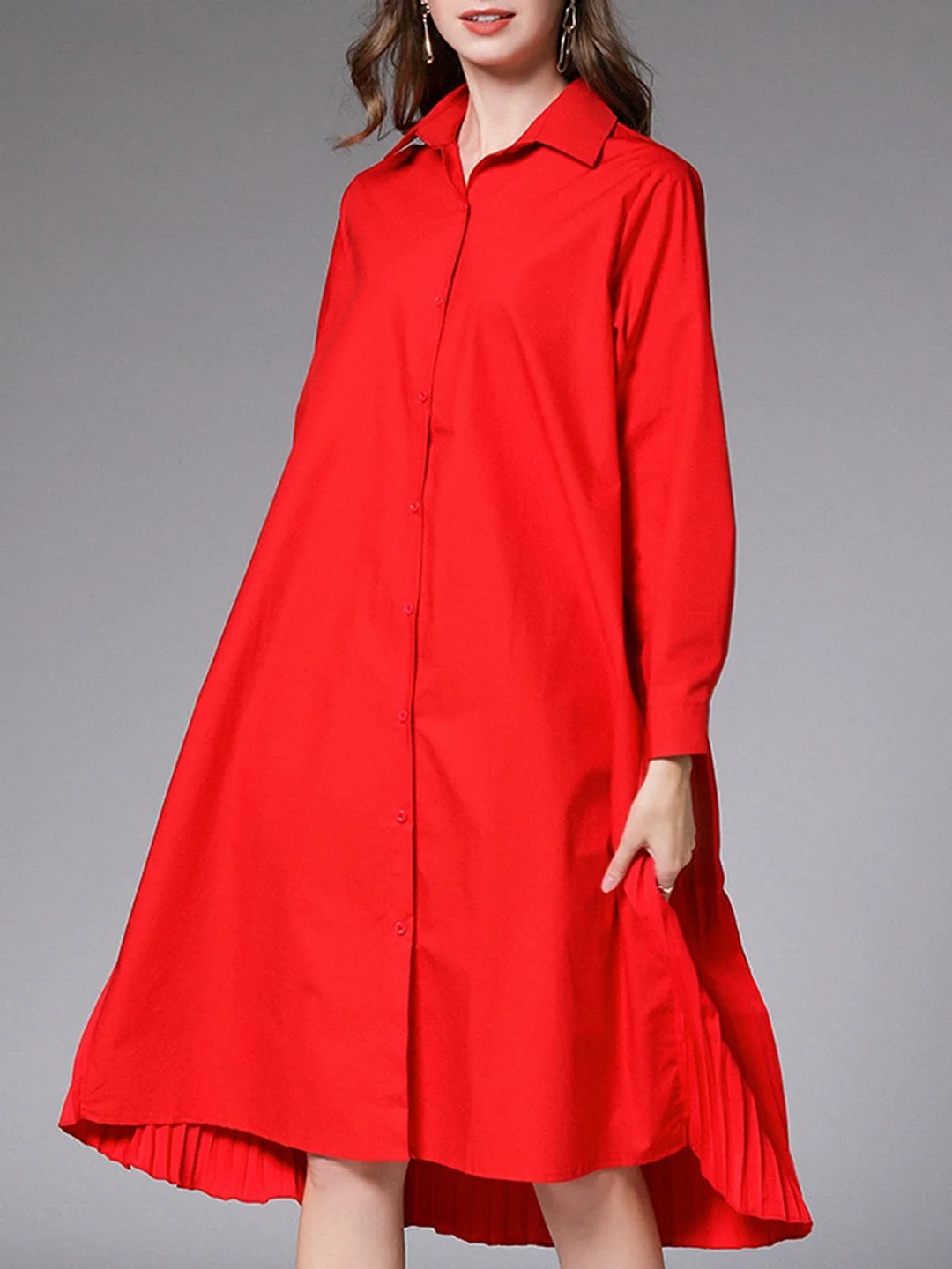 Shirt Collar Gathered Casual Midi Dress