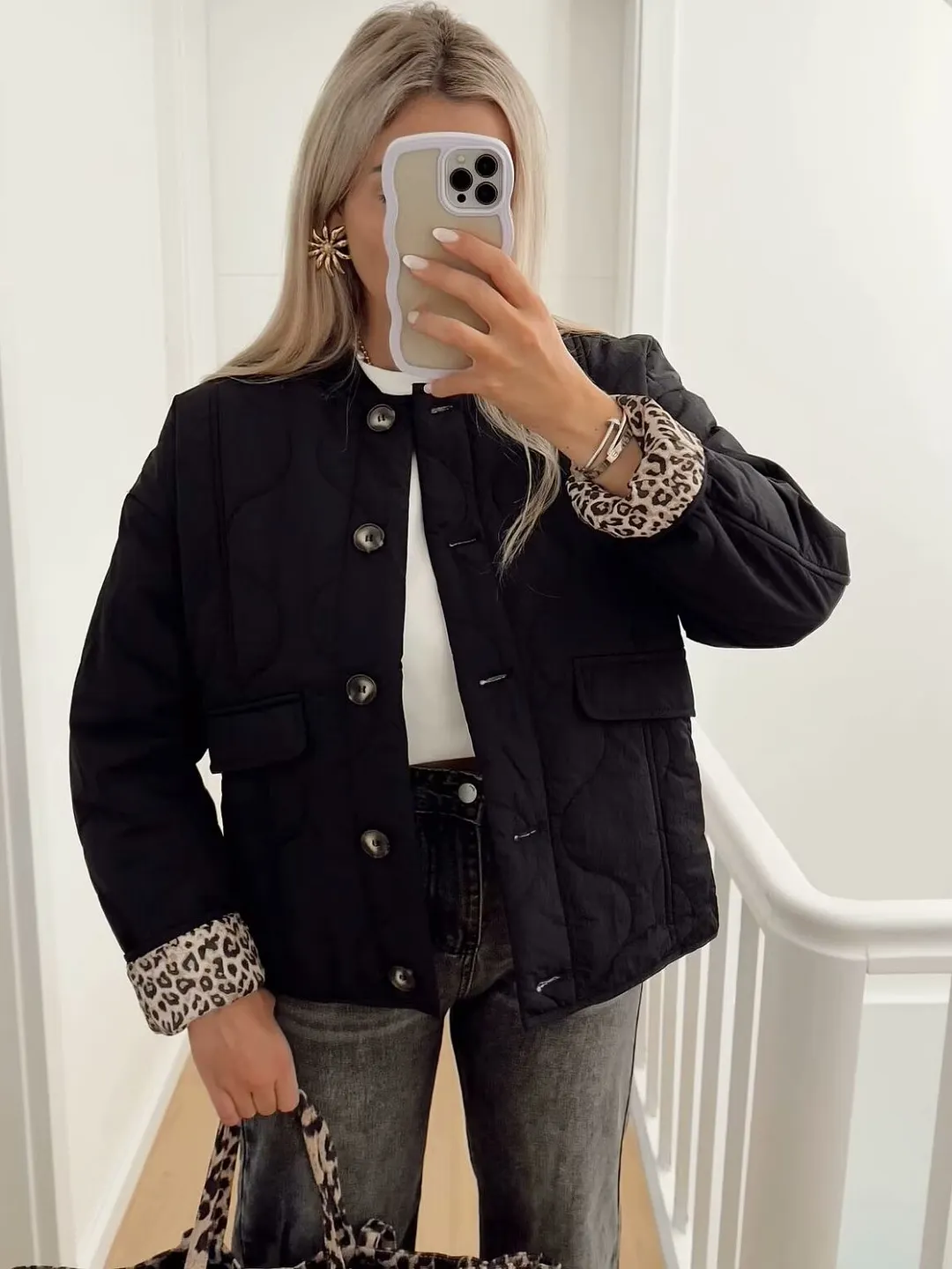 Nigikala Nigikala Autumn And Winter Fashion New Three-Color Leopard Pattern With Threaded Collar Cotton Clothes Women's Clothing B88786