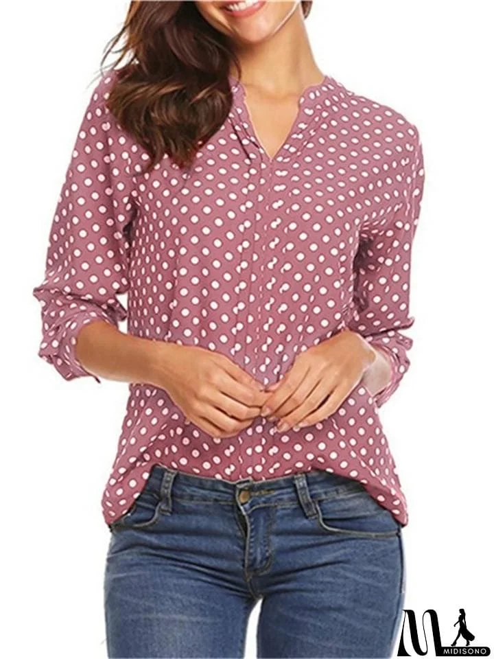 Casual Style Pullover V Neck Polka Dot Long Sleeve Silky Blouses