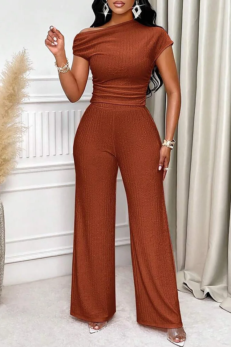 Skew Neck Short Sleeve Top Solid Color Wide Leg Pants Casual 2pcs Set-Brown